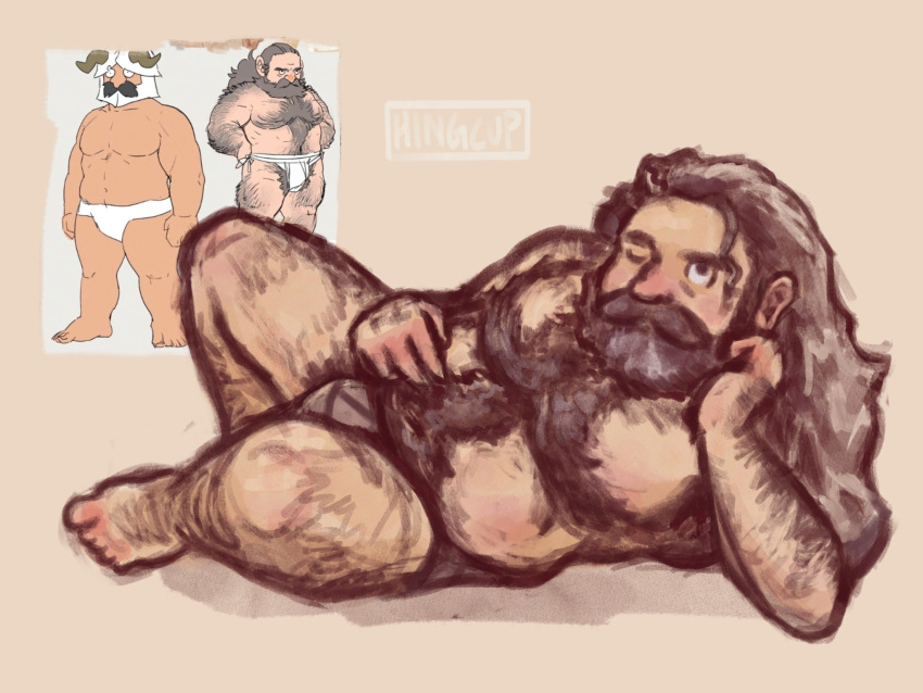 1boy armpit_hair bara beard belly briefs brown_hair come_hither dungeon_meshi dwarf elbow_rest facial_hair fake_horns foot_hair full_beard hairy hand_hair helmet highres horned_helmet horns kingcupart kui_ryouko looking_at_viewer lying male_focus male_underwear mature_male official_alternate_hairstyle on_side one_eye_closed pectorals plump reference_inset senshi_(dungeon_meshi) solo thick_arm_hair thick_beard thick_chest_hair thick_leg_hair thick_mustache thick_navel_hair topless_male underwear very_hairy