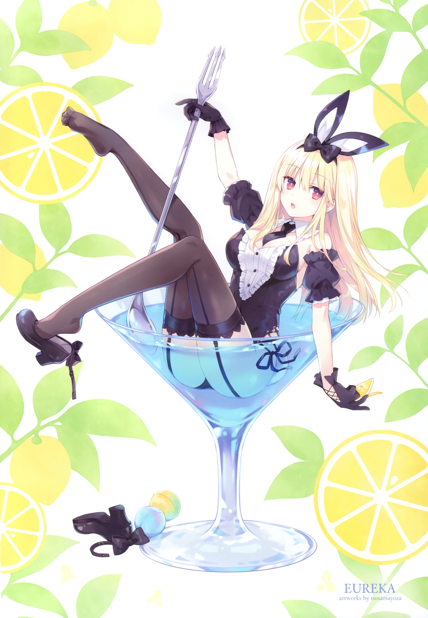 1girl absurdres animal_ears bare_shoulders black_leotard blonde_hair breasts buttons cocktail_glass cup detached_collar drinking_glass fake_animal_ears fake_tail food frills fruit full_body garter_straps gloves hair_ornament highres holding lemon lemon_slice leotard long_hair looking_at_viewer medium_breasts necktie open_mouth original partially_submerged puffy_short_sleeves puffy_sleeves rabbit_tail red_eyes ribbon scan shoes short_sleeves sitting solo spoon strapless strapless_leotard tail thighhighs thighs tsunako unworn_shoes