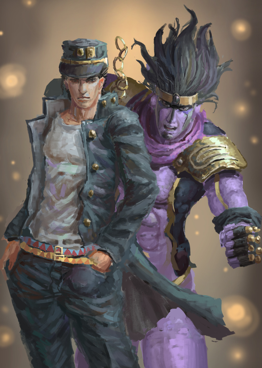 2boys absurdres ame_sagari armor bare_pectorals belt belt_buckle black_eyes black_gloves black_hair black_vest blue_belt blue_coat blue_headwear blue_pants blue_sky buckle buttons clenched_hand closed_mouth coat collared_coat colored_skin commentary_request cowboy_shot denim diamond_wa_kudakenai fingerless_gloves floating_hair gakuran gloves hands_in_pockets hat high_collar highres jeans jojo_no_kimyou_na_bouken kujo_jotaro light_frown light_particles long_hair long_sleeves looking_at_viewer male_focus multiple_boys open_clothes open_coat open_vest pants parted_lips pauldrons pectorals purple_skin school_uniform shirt short_hair shoulder_armor sky star_platinum torn_clothes torn_coat triangle_print two-sided_coat two-sided_fabric vest white_coat white_shirt yellow_background yellow_belt