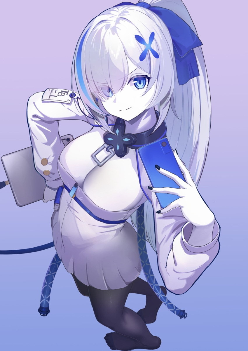 1girl azur_lane black_pantyhose blue_bow blue_eyes blue_hair bow breasts cellphone character_name cleavage closed_mouth collar colored_skin dress eyes_visible_through_hair from_above gradient_background hair_ornament high_ponytail highres holding holding_phone holding_tablet_pc large_breasts lom_(lom_lom_8) long_hair long_sleeves looking_at_viewer metal_collar multicolored_hair pantyhose phone short_dress smartphone smile solo streaked_hair tablet_pc tb_(azur_lane) tb_(type-l)_(azur_lane) white_dress white_hair white_skin x_hair_ornament
