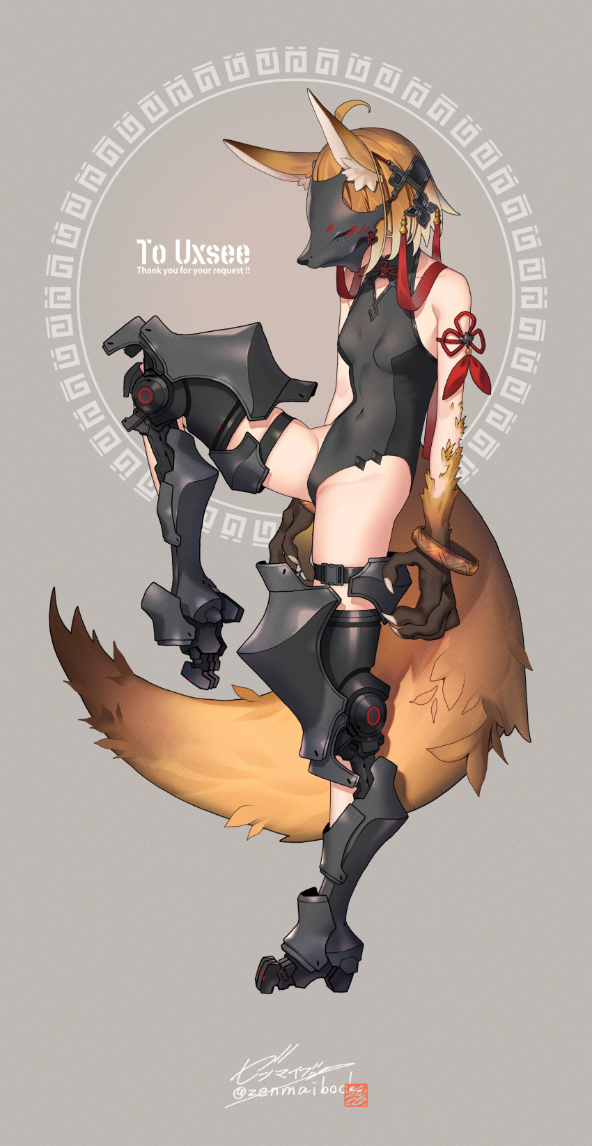 1girl absurdres animal_ear_fluff animal_ears arms_at_sides bracelet breasts claws commission covered_navel english_text exoskeleton fox_ears fox_girl fox_mask fox_tail full_body highres jewelry large_hands leotard mask original signature skeb_commission small_breasts solo standing standing_on_one_leg tail zenmaibook