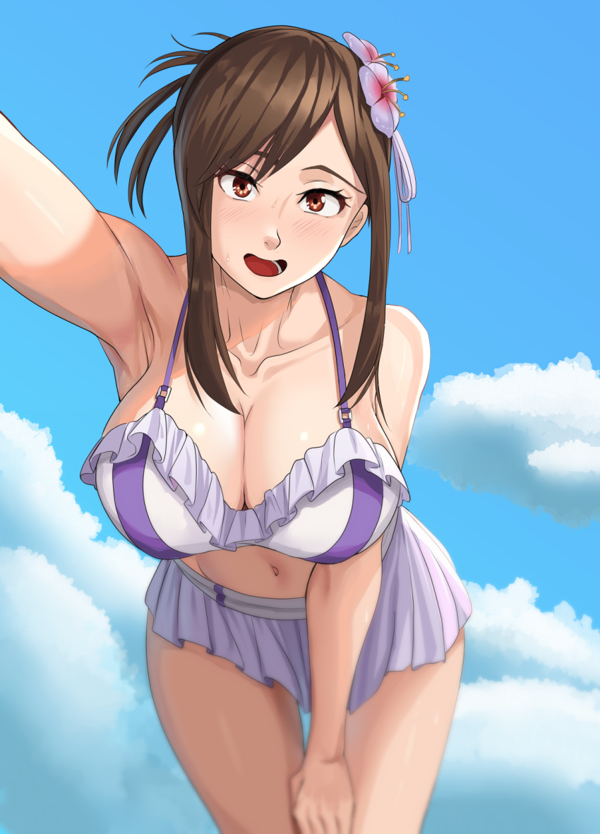 1girl bikini bikini_skirt blue_sky breasts cloud day final_fantasy final_fantasy_vii final_fantasy_vii_rebirth final_fantasy_vii_remake flower hair_flower hair_ornament highres large_breasts looking_at_viewer navel nico-mo official_alternate_costume official_alternate_hairstyle outdoors sidelocks sky solo swimsuit tifa_lockhart white_bikini