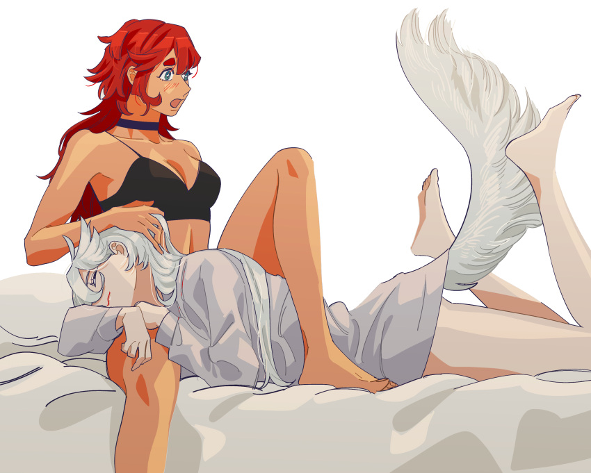 2girls absurdres bare_arms bare_legs barefoot between_legs black_bra blue_eyes blush bottomless bra cat_tail choker closed_eyes closed_mouth commentary_request dark-skinned_female dark_skin feet_up gundam gundam_suisei_no_majo hand_on_another's_head highres kemonomimi_mode korean_commentary long_hair long_sleeves lying lying_on_person miorine_rembran multiple_girls on_bed on_stomach open_mouth purple_choker red_hair shirt simple_background sitting smile snapagi suletta_mercury tail thick_eyebrows underwear white_background white_shirt yuri