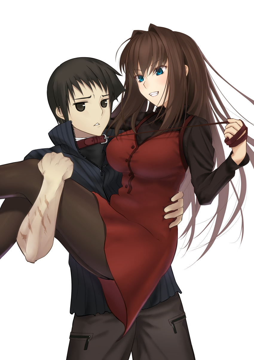 1boy 1girl absurdres animal_collar aozaki_aoko black_eyes black_hair black_jacket black_sweater blue_eyes breasts brown_hair brown_pants brown_pantyhose buttons carrying collar commentary_request dress grin hair_intakes highres holding holding_leash jacket leash long_hair long_sleeves looking_at_another mahou_tsukai_no_yoru medium_breasts pants pantyhose princess_carry red_dress scar scar_on_arm shizuki_soujuurou short_hair sidelocks simple_background smile sweater teeth toomishou turtleneck turtleneck_sweater white_background