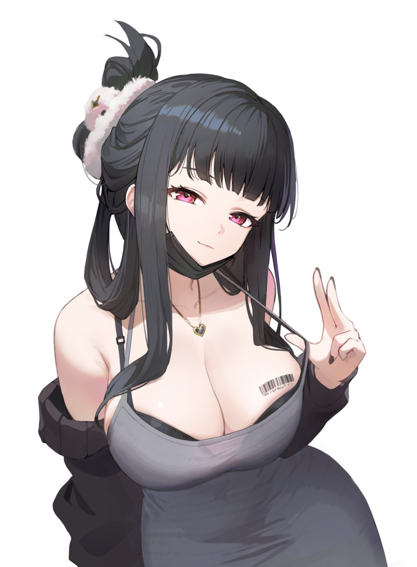 1girl angcha barcode barcode_tattoo black_bra black_hair black_jacket blunt_bangs bra breasts cleavage clothes_pull commentary_request d_(nikke) dress dress_pull folded_ponytail goddess_of_victory:_nikke grey_dress hair_ornament hair_scrunchie heart heart_necklace highres jacket jewelry korean_commentary large_breasts long_hair looking_at_viewer mask mouth_mask necklace open_clothes open_jacket red_eyes scrunchie simple_background smile solo tattoo underwear white_background