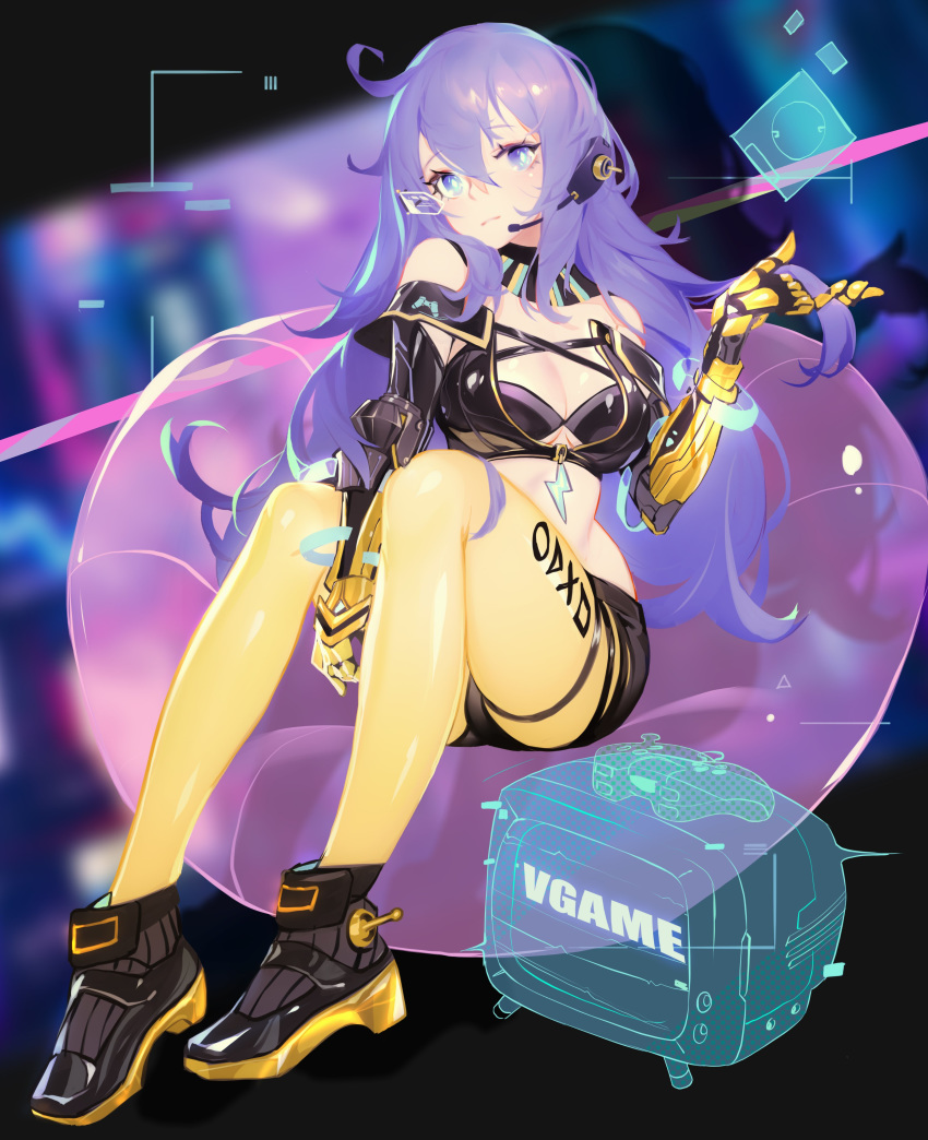 1girl absurdres ahoge bare_shoulders black_shirt black_shorts blurry breasts character_request cleavage crop_top grandialee headphones highres latex lightning_bolt long_hair looking_at_viewer mechanical_arms medium_breasts midriff off_shoulder pantyhose purple_eyes purple_hair shirt shoes short_shorts shorts solo vgame yellow_legwear