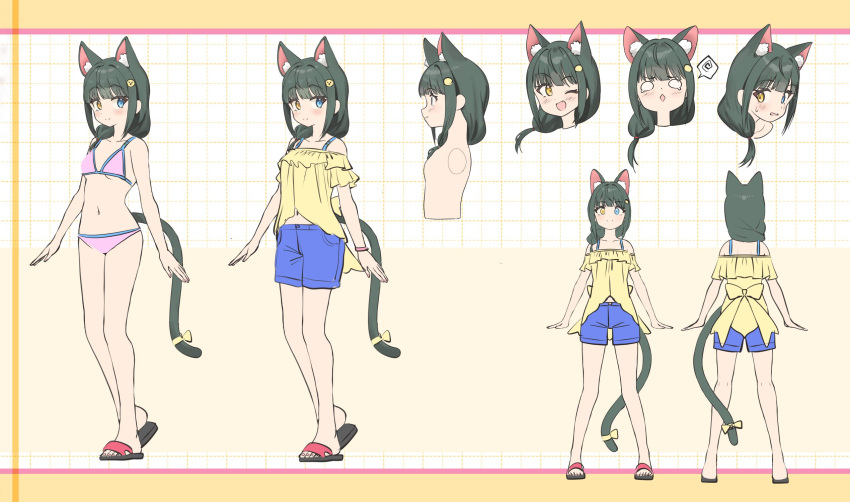 1girl animal_ear_fluff animal_ears arms_at_sides back_bow bare_arms bare_legs blue_eyes blue_shorts blush bow bra breasts cat_ears cat_girl cat_tail closed_mouth commission cropped_head cropped_torso facing_away fang from_behind from_side full_body green_hair hair_ornament hairclip heterochromia highres korean_commentary long_hair looking_at_viewer looking_to_the_side multiple_views navel off-shoulder_shirt off_shoulder one_eye_closed open_mouth original panties pink_bra pink_bracelet pink_panties reference_sheet ryu_jeongyeon_(ryeoubi) sandals shirt short_sleeves shorts sketch small_breasts solo speech_bubble spoken_squiggle squiggle sweatdrop tail tail_bow tail_ornament twin_(tt_lsh) underwear unfinished yellow_bow yellow_eyes yellow_shirt