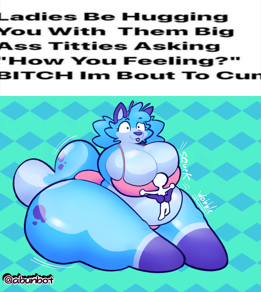 absurd_res abunbot anthro azule_(abittoasty) big_breasts breasts butt clothing digital_media_(artwork) duo english_text female hi_res hug huge_breasts hyper male male/female meme simple_background smile squeaky_toy text thick_thighs wide_hips wobble