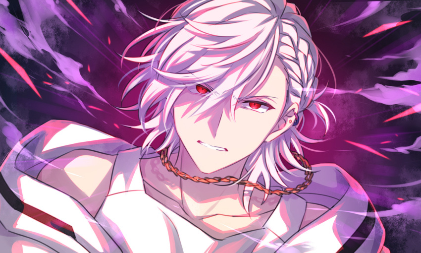 1boy angry braid chain_necklace clenched_teeth ear_piercing furrowed_brow hair_between_eyes half_updo helios_rising_heroes jacket jewelry long_hair necklace piercing red_eyes sekina shin_(helios_rising_heroes) solo tank_top teeth white_hair white_jacket white_tank_top