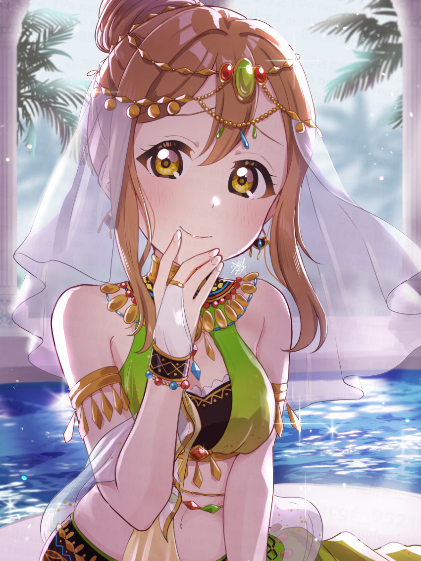 1girl absurdres bikini birthday blush breasts brown_hair cleavage commentary earrings fingerless_gloves gloves hair_bun highres jewelry kunikida_hanamaru kyaku_tatsu looking_at_viewer love_live! love_live!_sunshine!! medium_breasts sidelocks signature single_hair_bun solo swimsuit upper_body water yellow_eyes