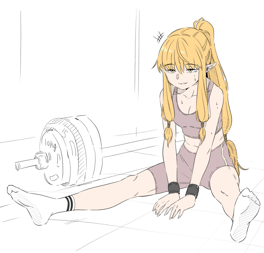 1girl barbell between_legs blonde_hair breasts brown_shorts brown_sports_bra cleavage commentary_request contemporary hand_between_legs high_ponytail highres legs_apart long_hair looking_at_viewer low-tied_sidelocks mangpum_(taro109210) parted_lips serie_(sousou_no_frieren) shorts sidelocks sitting socks solo sousou_no_frieren sports_bra stretching sweat very_long_hair white_background white_socks yellow_eyes