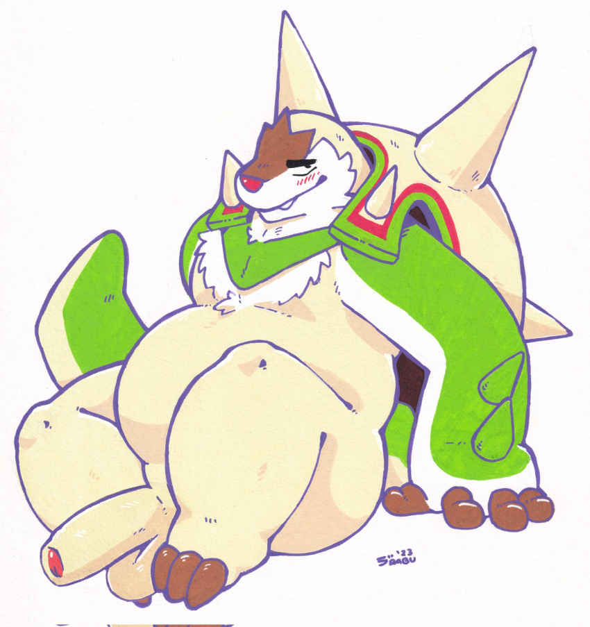 2023 anthro balls biped blush chesnaught erection foreskin fur generation_6_pokemon genitals green_body hi_res looking_at_viewer male nintendo penis pokemon pokemon_(species) raburigaron sitting sitting_on_ground slightly_chubby smile solo white_body white_fur