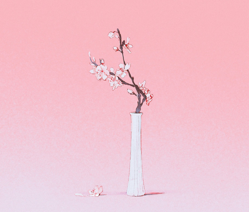 cherry_blossoms highres mitsubachi_(roundbee) no_humans original petals pink_background sapling shadow simple_background still_life vase