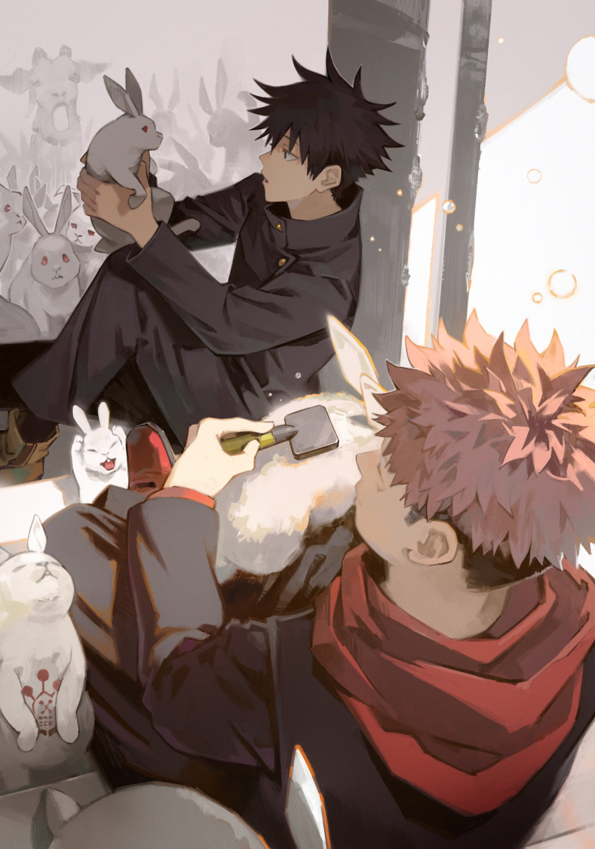 2boys absurdres animal black_hair fushiguro_megumi groom hair_brush highres holding holding_animal itadori_yuuji jujutsu_kaisen jujutsu_tech_uniform kyuuba_melo long_sleeves looking_at_animal male_focus multiple_boys pink_hair rabbit red_footwear short_hair sitting undercut white_rabbit_(animal) white_theme