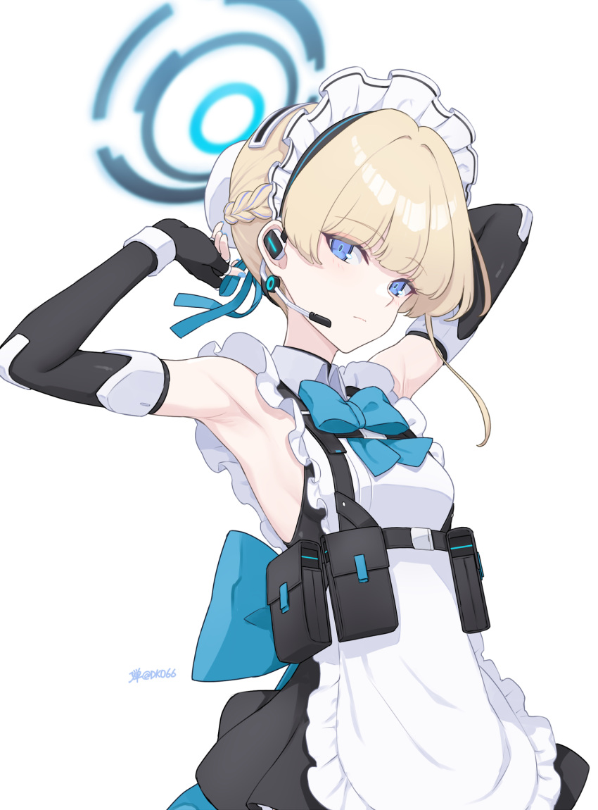 1girl armpits black_gloves blonde_hair blue_archive blue_eyes blue_halo breasts closed_mouth commentary_request dan_(kumadan) elbow_gloves fingerless_gloves gloves halo headset highres looking_at_viewer maid maid_headdress medium_breasts short_hair simple_background solo toki_(blue_archive) white_background