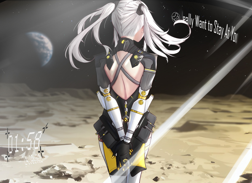 1girl arms_behind_back backless_bodysuit black_bodysuit bodysuit earth_(planet) english_text from_behind grey_hair highres jewelry joints karenina:_scire_(punishing:_gray_raven) karenina_(punishing:_gray_raven) liuj125 long_hair mechanical_arms mechanical_legs planet punishing:_gray_raven ring robot_joints solo timestamp twintails