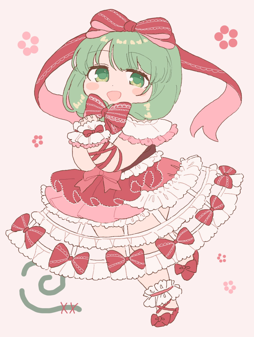 1girl adapted_costume ankle_cuffs arm_ribbon blush_stickers bow dress dress_bow frilled_dress frills front_ponytail full_body green_eyes green_hair hair_bow hair_ribbon hands_up highres kagiyama_hina looking_at_viewer one-hour_drawing_challenge open_mouth own_hands_together pink_background red_bow red_dress red_footwear red_ribbon ribbon sakurasaka shoes short_sleeves smile solo standing standing_on_one_leg touhou wrist_cuffs