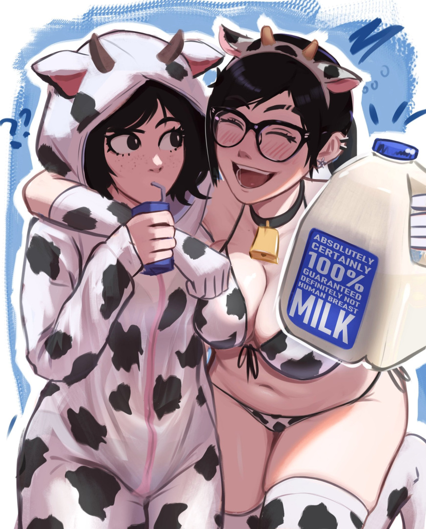 2girls ? ?? ^_^ animal_costume animal_ears animal_print arm_around_neck bell belly bikini black-framed_eyewear black_eyes black_hair blush bottle breast_press breasts cleavage closed_eyes confused cow_costume cow_ears cow_girl cow_hood cow_horns cow_print cow_print_bikini cow_print_thighhighs cowbell drinking_straw drinking_straw_in_mouth drunk elbow_gloves excited freckles glasses gloves happy highres holding holding_bottle horns hug implied_breast_milk large_breasts looking_at_another milk milk_bottle milk_carton multiple_girls navel open_mouth original plastic_bottle plump print_bikini print_thighhighs saliva saliva_trail sexually_suggestive simple_background swimsuit thick_thighs thighhighs thighs tomboy veyonis