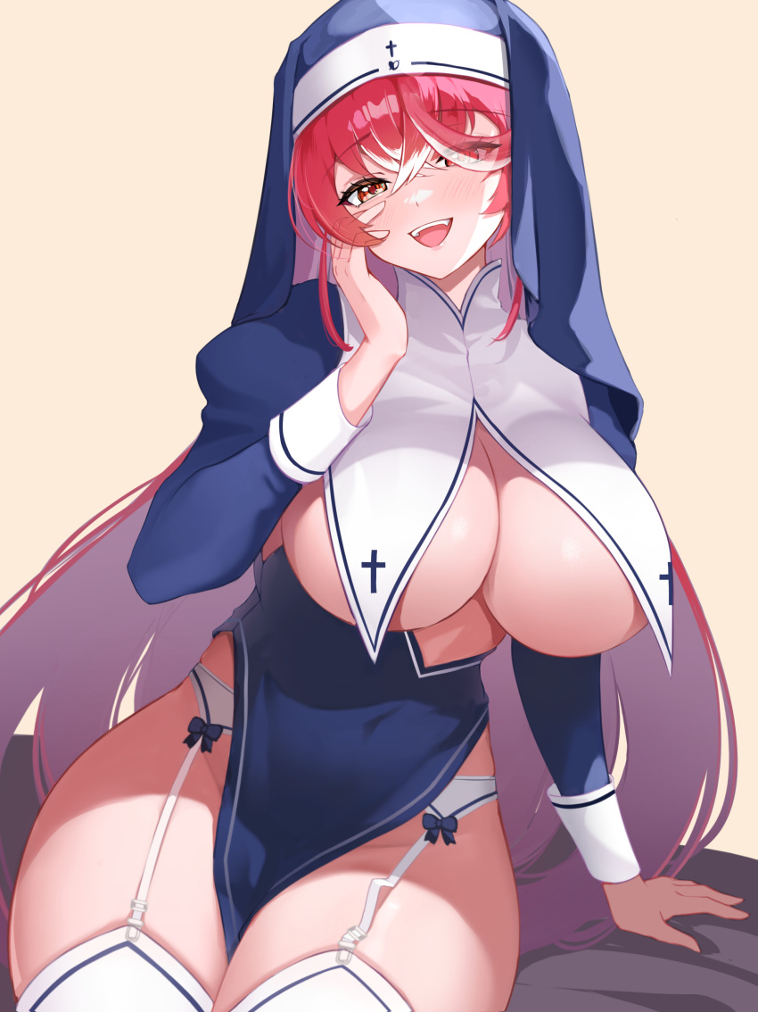 1girl absurdres blush breast_curtains breasts colored_inner_hair covered_navel garter_straps habit hair_between_eyes heterochromia highres hololive houshou_marine houshou_marine_(nun) large_breasts long_hair long_sleeves looking_at_viewer multicolored_hair nun open_mouth pelvic_curtain pink_hair red_eyes red_hair smile solo streaked_hair thighhighs underboob virtual_youtuber white_thighhighs yellow_eyes yuruto