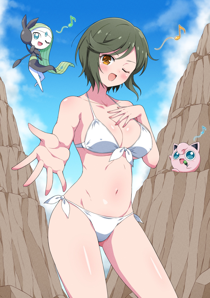 1girl absurdres aqua_eyes bikini blue_sky breasts brown_eyes canyon cloud collarbone commentary_request commission day eggman_(pixiv28975023) green_eyes green_hair highres holding holding_microphone jigglypuff mai_(senran_kagura) meloetta microphone musical_note navel one_eye_closed open_mouth outdoors outstretched_arm pokemon pokemon_(creature) senran_kagura senran_kagura_estival_versus senran_kagura_shinovi_versus short_hair skeb_commission sky smile spoken_musical_note standing stomach swimsuit underboob white_bikini