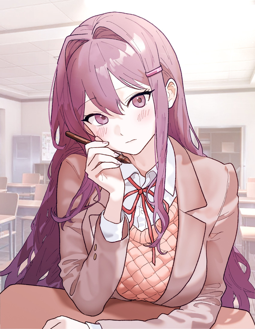 1girl blush breasts classroom desk doki_doki_literature_club hair_between_eyes hair_ornament hairclip highres holding holding_pen indoors jacket large_breasts long_hair long_sleeves looking_at_viewer pen purple_eyes purple_hair ribbon school_desk school_uniform sitting solo very_long_hair yuna_4568 yuri_(doki_doki_literature_club)