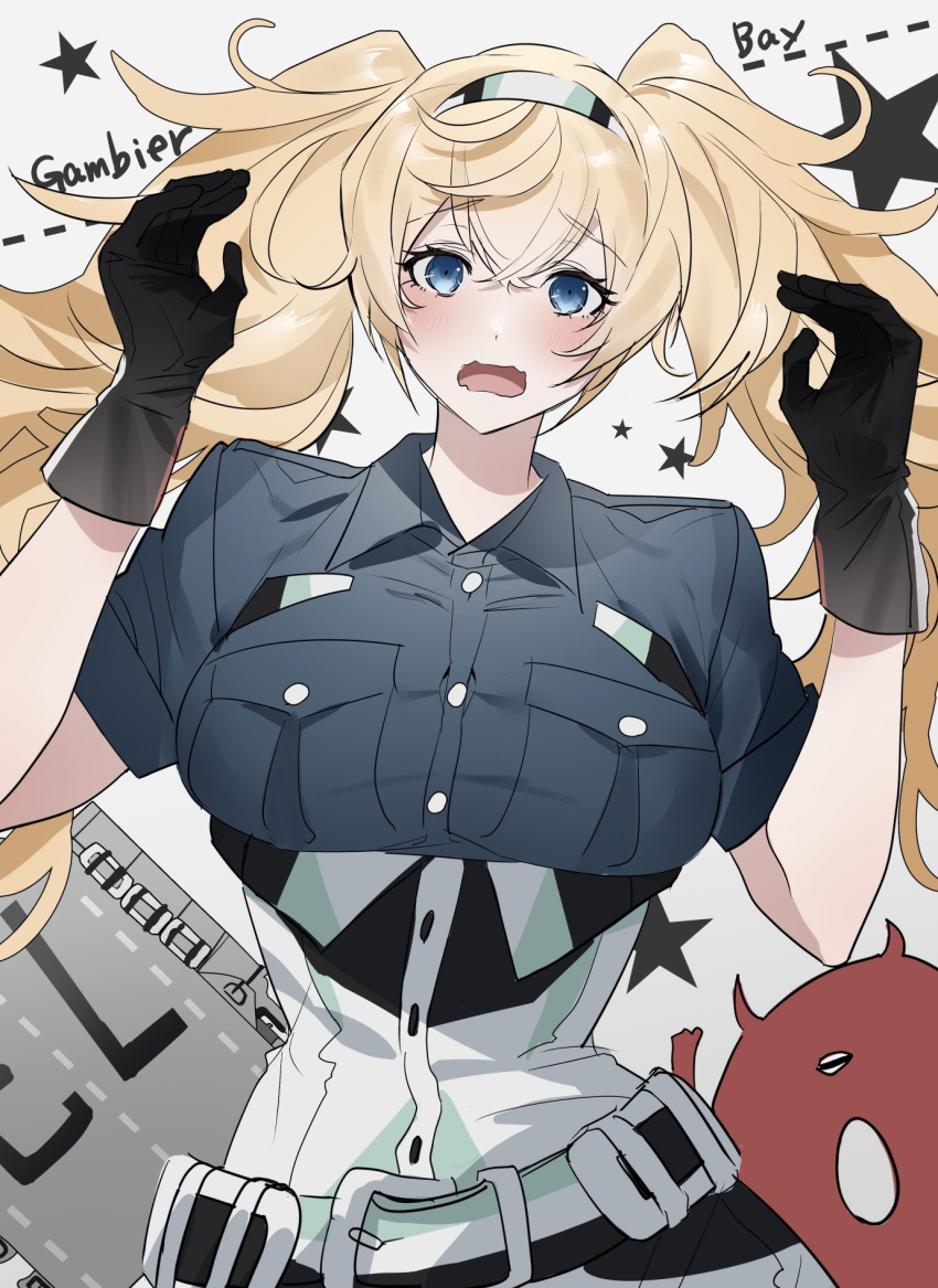 1girl aqua_neckerchief blonde_hair blue_eyes blue_shirt blush breast_pocket breasts character_name enemy_lifebuoy_(kancolle) flight_deck gambier_bay_(kancolle) gloves hair_between_eyes hairband highres ichimonme_(ichi) kantai_collection large_breasts multicolored_clothes multicolored_gloves multicolored_hairband neckerchief open_mouth pocket shirt shorts twintails upper_body wavy_mouth