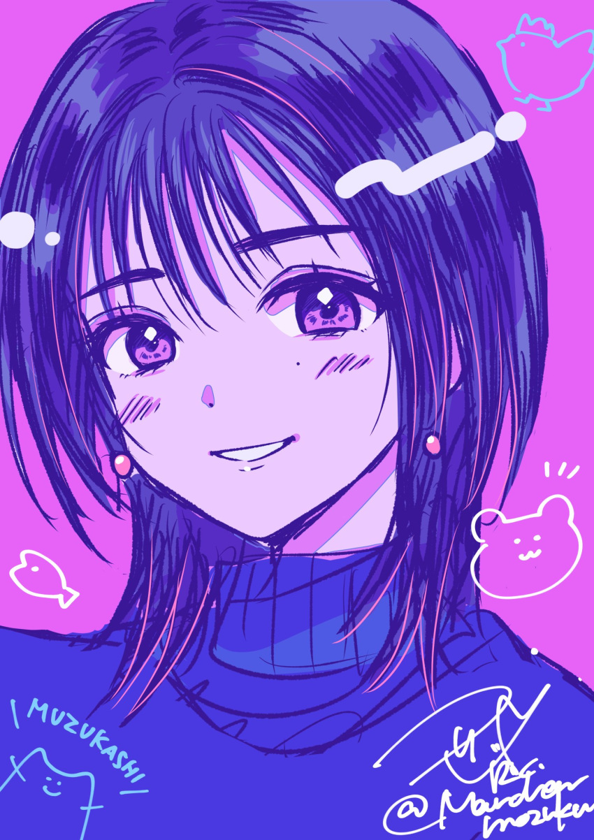 1girl blush choppy_bangs commentary_request earrings highres jewelry looking_at_viewer medium_hair ookuma_wakana open_mouth portrait purple_theme real_life ric_(fwpbox) signature smile solo sweater turtleneck turtleneck_sweater twitter_username voice_actor