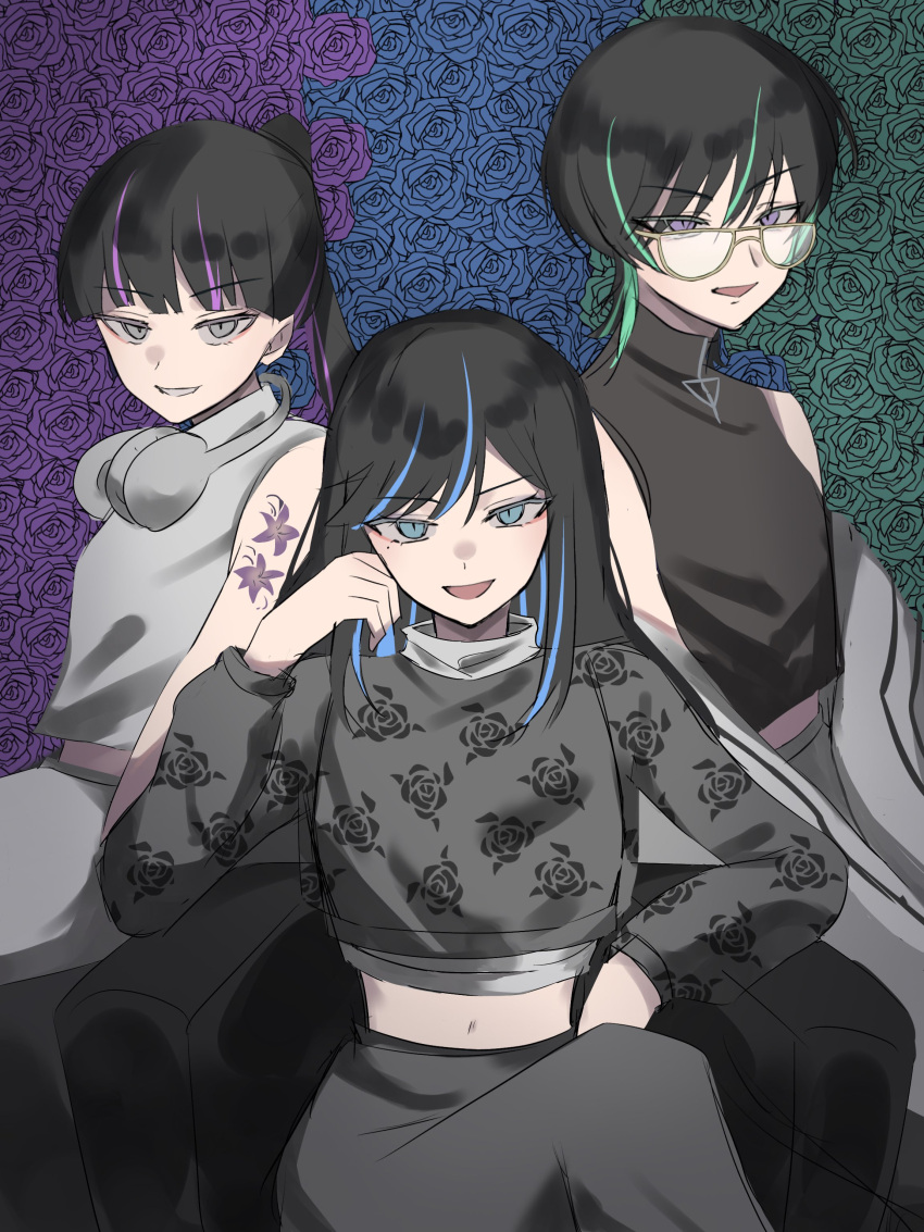 1boy 2girls absurdres ado_(utaite) aqua_hair aqua_rose black_hair black_shirt blue_eyes blue_flower blue_hair blue_rose chando_(ado) cloud_nine_inc crop_top flower glasses grey_eyes grey_pants grey_shirt headphones headphones_around_neck highres jakusansei_(utaite) long_hair long_sleeves looking_at_viewer midriff mole mole_under_eye multicolored_hair multiple_girls navel open_mouth pants ponytail purple_eyes purple_flower purple_hair purple_rose ready_steady_(vocaloid) rose shirt short_hair sitting sleeveless sleeveless_shirt smile streaked_hair tsukuno_tsuki wolf_cut yoshino_(utaite)