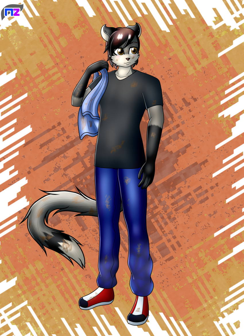 absurd_res anthro bottomwear brown_hair brown_nose canid canine cheek_tuft clothing cougar denim denim_bottomwear denim_clothing dirt dirty ear_piercing ear_ring facial_tuft felid feline fluffy fluffy_tail footwear fox hair hi_res hybrid jeans larger_male leon_esposito male mammal newzorra orange_eyes pants piercing red_fox ring_piercing shirt shoes short_hair silver_fox simple_background size_difference smile sneakers solo t-shirt tail topwear towel true_fox tuft