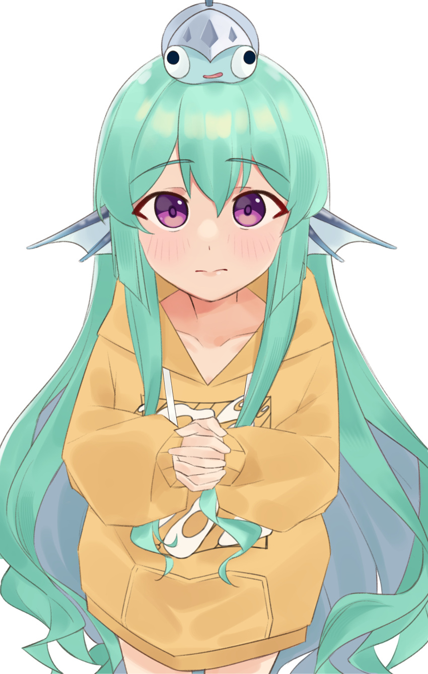 1girl absurdres aebgomu alternate_costume blush collarbone finana_ryugu fins fish_girl flower green_hair hair_flower hair_ornament head_fins highres hood hoodie long_hair looking_at_viewer mermaid monster_girl nijisanji nijisanji_en orange_hoodie own_hands_clasped own_hands_together purple_eyes purple_flower sleeves_past_wrists solo very_long_hair virtual_youtuber white_background