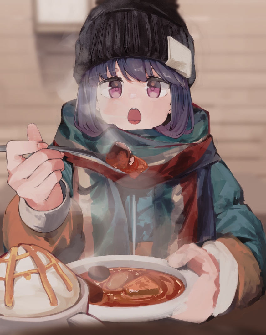 1girl absurdres beanie black_headwear blue_hair blush bowl cup food hat highres holding holding_spoon jacket long_sleeves looking_at_viewer maegami_(daisuki_oekaki1) multicolored_clothes multicolored_hair multicolored_scarf open_mouth purple_eyes purple_hair scarf shima_rin solo soup spoon steam upper_body yurucamp