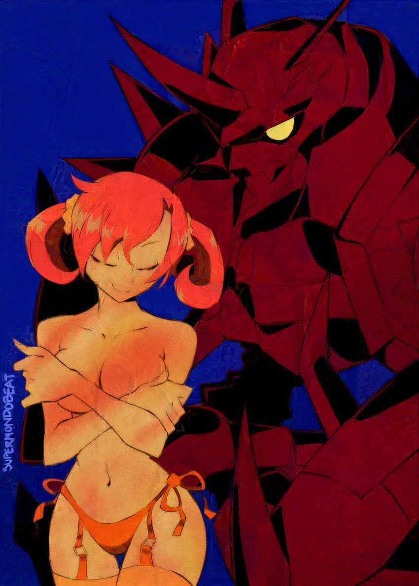 1girl absurdres armor bandai bare_shoulders breasts cleavage collarbone covering_breasts covering_privates digimon digimon_(creature) digimon_story:_cyber_sleuth digimon_story:_cyber_sleuth_-_hacker's_memory hand_on_own_chest highres large_breasts limited_palette long_hair navel no_bra omegamon panties red_hair shiramine_nokia simple_background stomach supermondobeat thighhighs topless twintails underwear