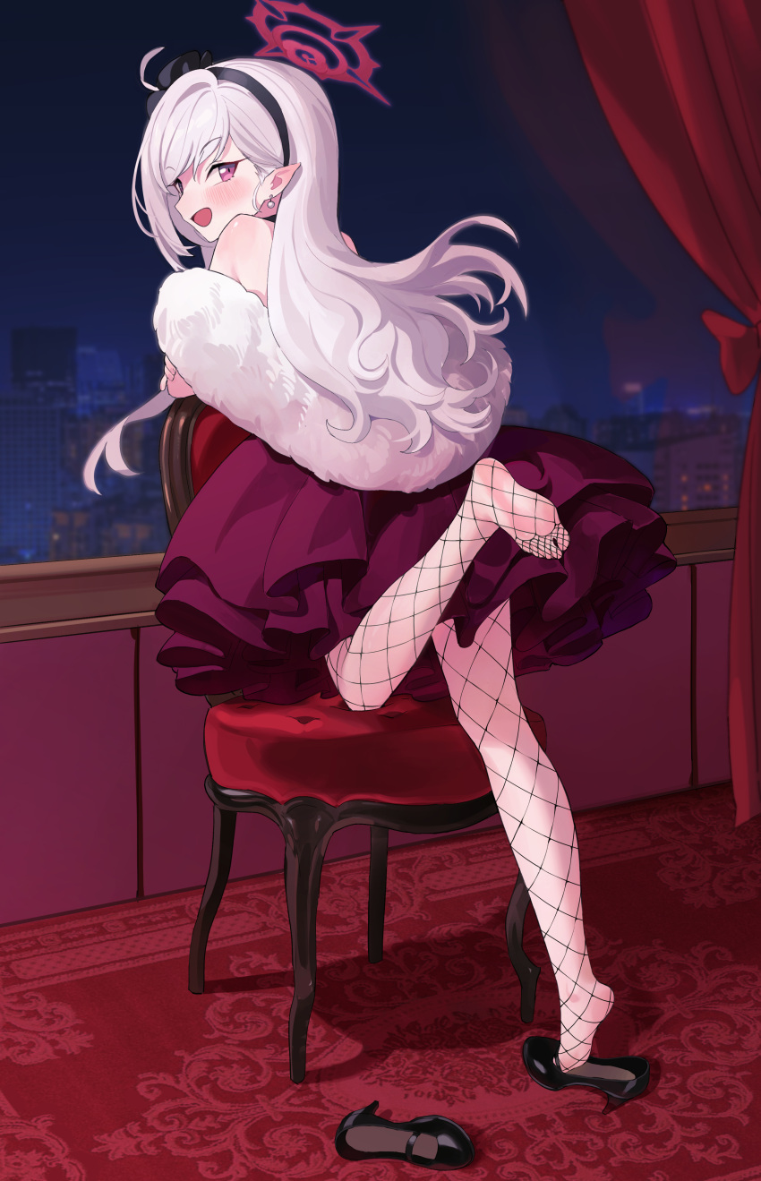 1girl absurdres black_footwear black_hairband black_pantyhose blue_archive chuck_(harfmoondark) commentary_request dress earrings fishnet_pantyhose fishnets fur_shawl grey_hair hairband halo highres indoors jewelry leaning_on_object looking_at_viewer looking_back mutsuki_(blue_archive) mutsuki_(dress)_(blue_archive) night official_alternate_costume pantyhose pointy_ears red_dress shawl soles solo toes