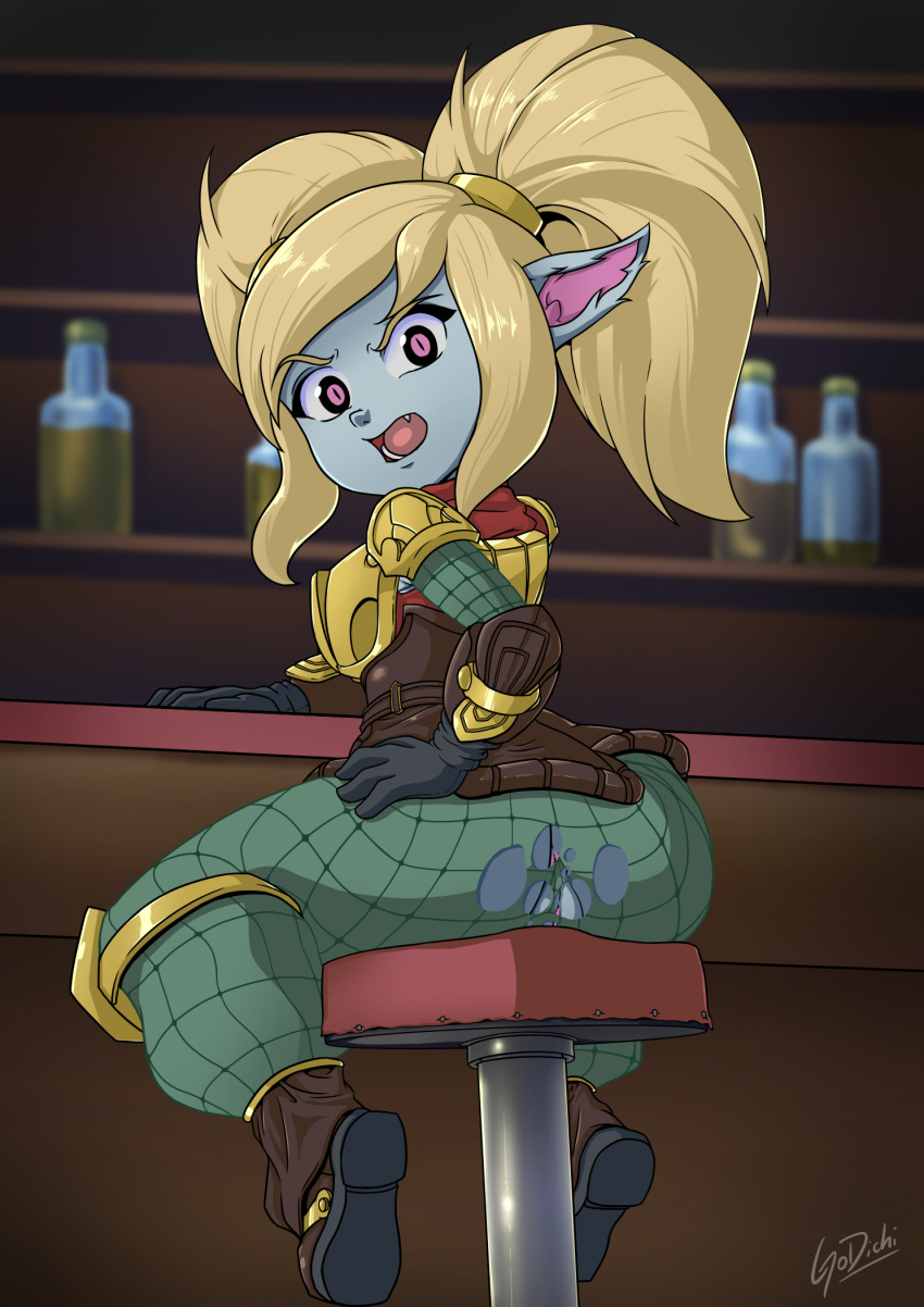 anus bar blonde_hair blue_body blue_fur bottle clothed clothing female fur furniture genitals godichi hair hi_res humanoid_pointy_ears league_of_legends pink_eyes poppy_(lol) pussy riot_games stool torn_clothing video_games yordle