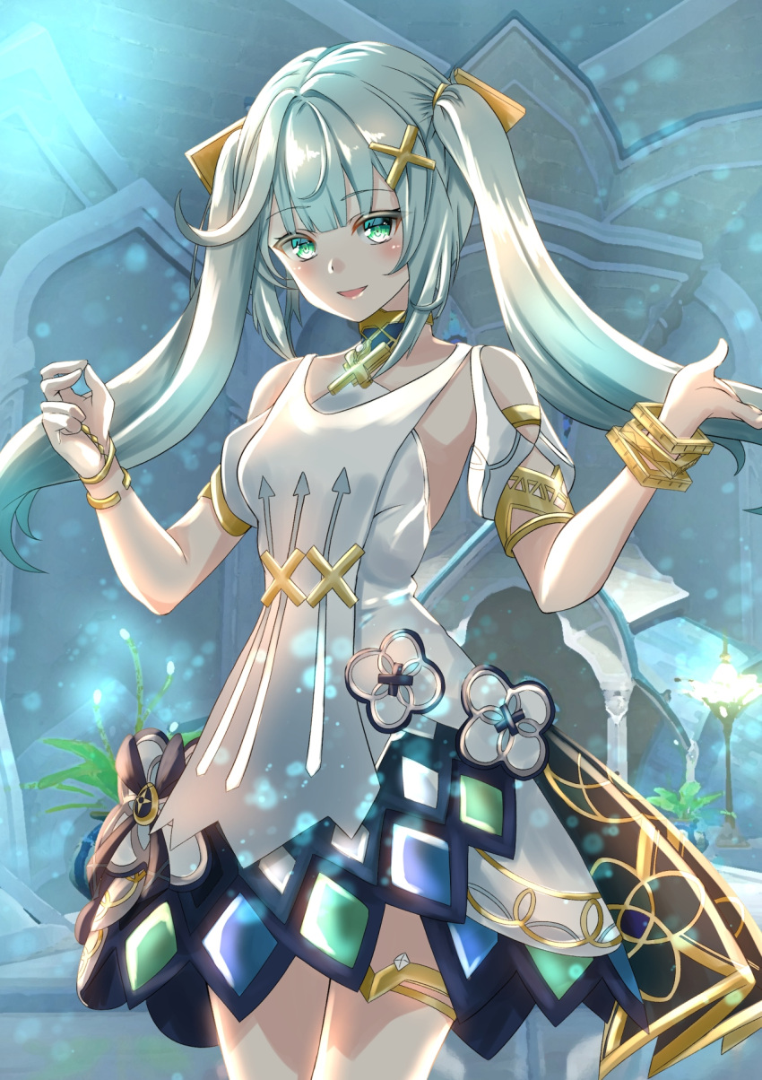 1girl :d aqua_eyes aqua_hair armpit_cutout bare_shoulders bracelet clothing_cutout commentary_request cowboy_shot dress faruzan_(genshin_impact) genshin_impact hair_ornament highres jewelry long_hair looking_at_viewer nakura_haru open_mouth puffy_short_sleeves puffy_sleeves short_sleeves shoulder_cutout smile solo standing twintails very_long_hair white_dress x_hair_ornament