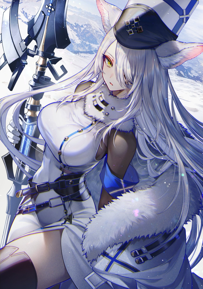 1girl animal_ear_fluff animal_ears arknights black_thighhighs breasts cat_ears cat_girl coat commentary dress fur-trimmed_coat fur_trim grey_sky hair_over_one_eye highres holding holding_staff large_breasts long_hair looking_at_viewer mountainous_horizon outdoors parted_lips santalla_(arknights) side_slit sky snow solo staff tarutaru_yamaoka thighhighs twisted_torso white_coat white_dress white_hair white_headwear yellow_eyes