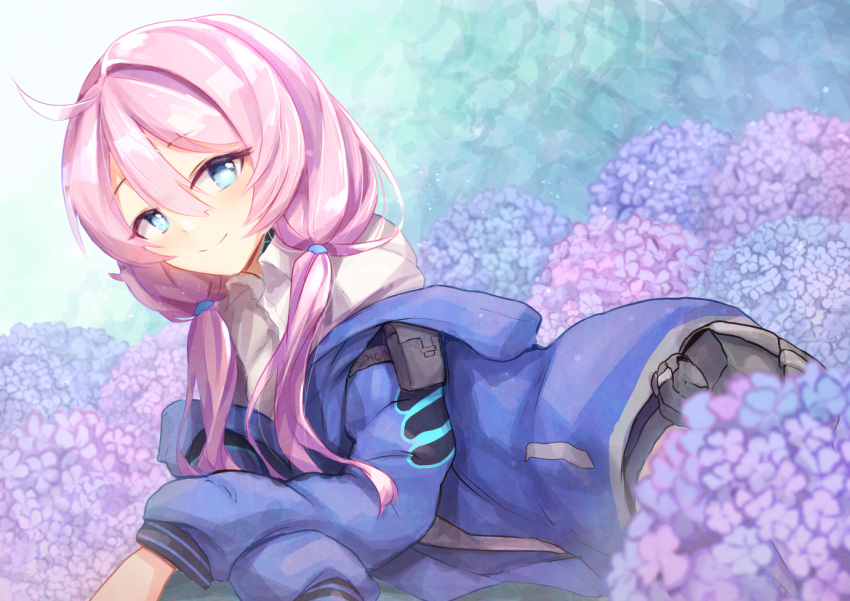 1girl arknights bangs blue_eyes blue_jacket blue_poison_(arknights) crossed_arms dress_shirt eyebrows_visible_through_hair flower foliage frog_eyes gradient gradient_background hood hoodie jacket long_hair long_sleeves looking_at_viewer lying on_side open_collar pink_hair pouch shirt smile spica_(starlitworks) twintails