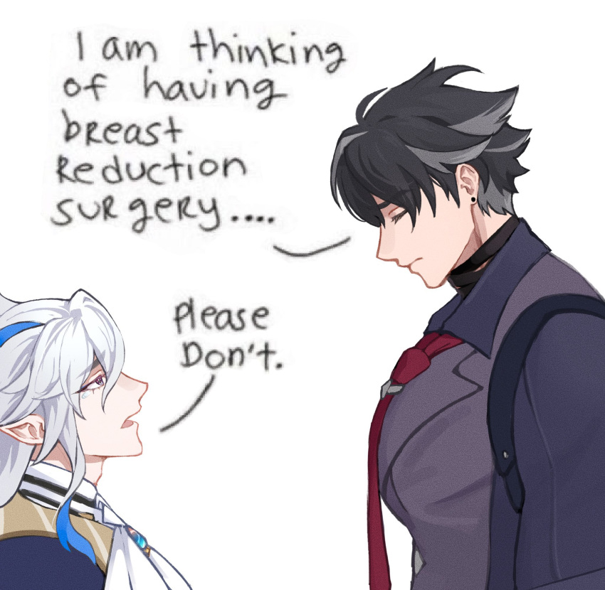 2boys ahoge ascot black_choker black_hair blue_gemstone blue_hair blue_jacket breast_reduction_surgery_(meme) buttons choker closed_eyes closed_mouth collared_shirt collared_vest ear_piercing english_commentary english_text flower gem genshin_impact grey_hair hair_between_eyes highres jacket large_pectorals lin_(chuuchuyi) long_hair long_sleeves looking_at_another male_focus meme multicolored_hair multiple_boys necktie neuvillette_(genshin_impact) open_mouth pectorals piercing pointy_ears purple_eyes purple_shirt purple_vest red_flower shirt short_hair simple_background speech_bubble standing tearing_up tie_clip tongue two-tone_hair vest white_ascot white_background white_shirt wriothesley_(genshin_impact)