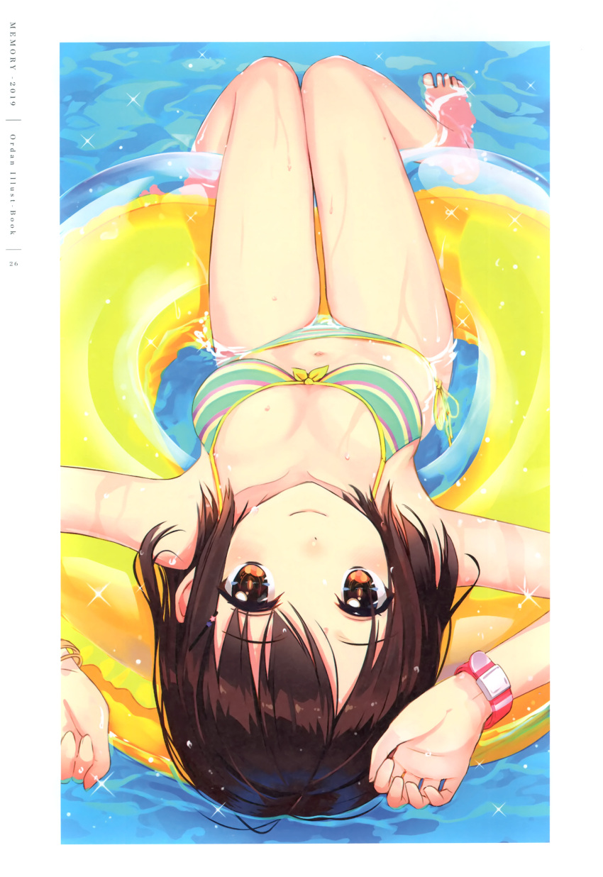 1girl absurdres afloat aihama_chika amagai_tarou barefoot bikini bracelet breasts brown_eyes brown_hair closed_mouth day highres innertube jewelry looking_at_viewer lying medium_breasts navel on_back original outdoors partially_submerged scan short_hair side-tie_bikini_bottom smile solo sparkle stomach striped_bikini striped_clothes swim_ring swimsuit thighs toes watch water water_drop wet wristwatch
