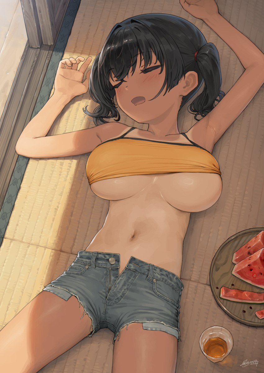 1girl armpits black_hair blush breasts camisole closed_eyes commentary_request cup dated drinking_glass food fruit gaki_kyonyuu grey_shorts highres kaedeko_(kaedelic) large_breasts lying navel on_back one-piece_tan open_mouth oppai_loli sasaki_kanna_(kaedeko) short_hair shorts signature sleeping solo tan tanlines twintails underboob watermelon watermelon_slice yellow_camisole