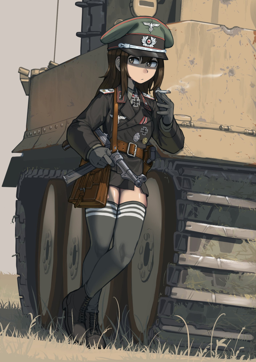 1girl brown_eyes brown_hair cross crossed_legs erica_(naze1940) german_army gun hat highres holding holding_gun holding_weapon iron_cross jacket leaning_on_object looking_to_the_side military_hat military_jacket military_uniform military_vehicle motor_vehicle mp40 original peaked_cap second-party_source smoking submachine_gun tank thighhighs tiger_i uniform weapon world_war_ii