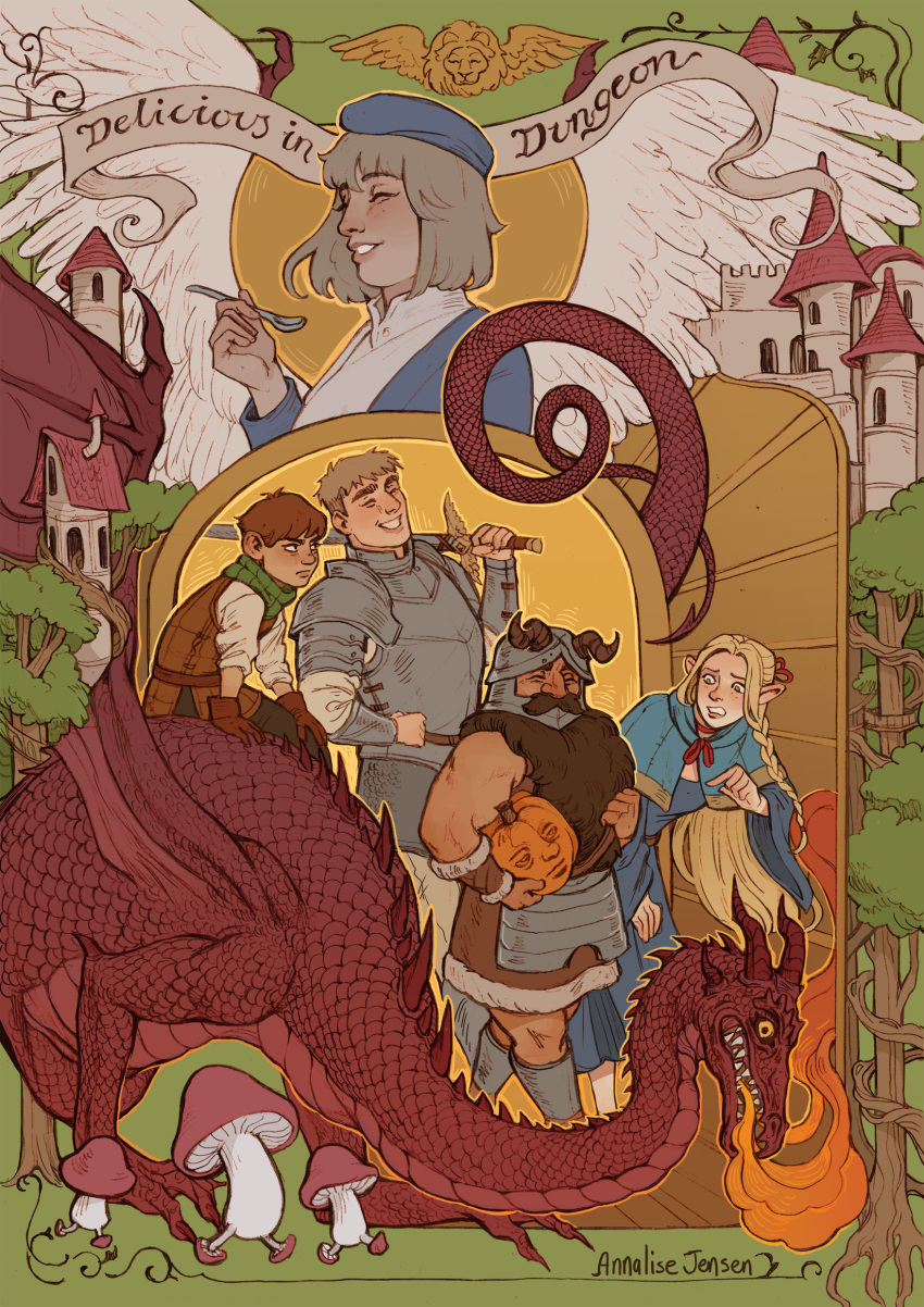 2girls 3boys absurdres armor beard blonde_hair brown_hair chilchuck_tims dragon dungeon_meshi dwarf elf european_architecture facial_hair fake_horns falin_thorden falin_thorden_(tallman) fantasy feathered_wings full_body helmet highres holding holding_spoon horned_helmet horns laios_thorden long_beard marcille_donato may12324 multiple_boys multiple_girls plate_armor pointy_ears pumpkin senshi_(dungeon_meshi) smile solo spoon thick_mustache toned toned_male very_long_beard walking walking_mushroom_(dungeon_meshi) winged_lion_(dungeon_meshi) wings