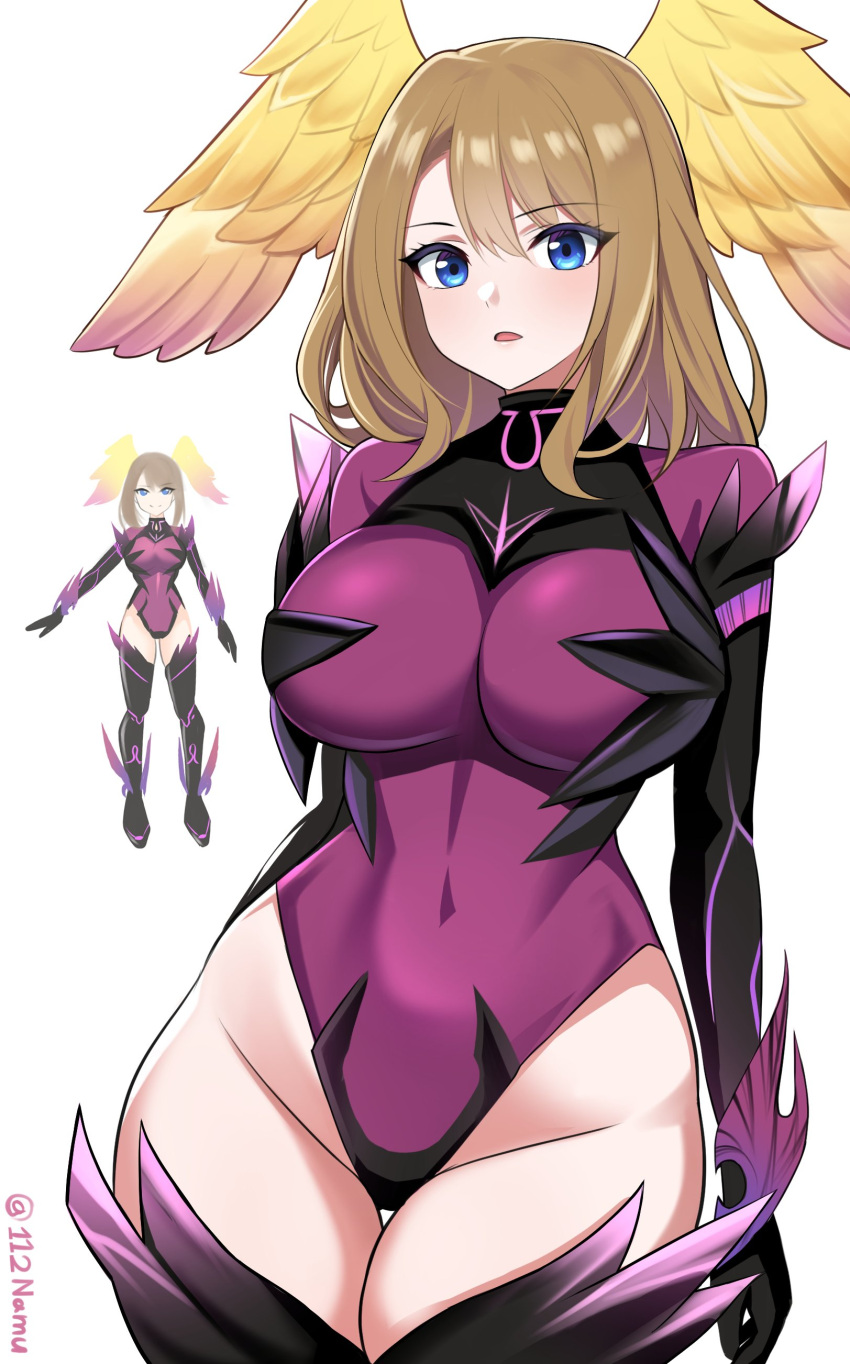 1girl :o absurdres black_footwear black_gloves blue_eyes boots breasts brown_hair commentary covered_navel elbow_gloves english_commentary eunie_(xenoblade) feathered_wings gloves groin hair_between_eyes head_wings highleg highleg_leotard highres large_breasts leotard long_hair looking_at_viewer medium_hair namu_(112namu) ouroboros_(xenoblade) parted_bangs parted_lips purple_leotard simple_background solo swept_bangs thigh_boots thighhighs thighs twitter_username white_background wide_hips wings xenoblade_chronicles_(series) xenoblade_chronicles_3 yellow_wings