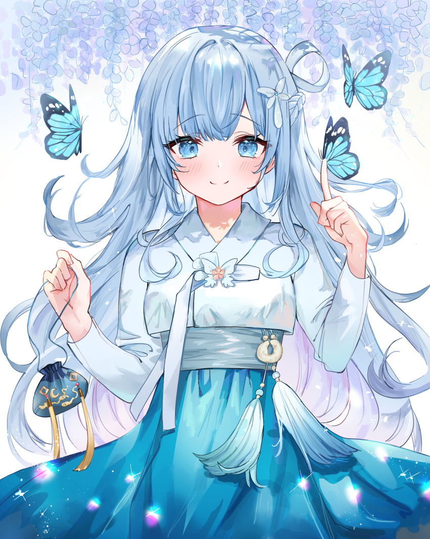 1girl absurdres arme_(cgsy7484) blue_butterfly blue_eyes blue_flower blue_hair blue_skirt blue_tassel blue_theme blush bokjumeoni breasts bug butterfly butterfly_hair_ornament closed_mouth commission cowboy_shot flower hair_ornament hair_rings hanbok hands_up highres holding index_finger_raised jacket korean_clothes korean_commentary long_hair long_sleeves looking_at_viewer original second-party_source skirt small_breasts smile solo tassel very_long_hair white_background white_jacket wisteria yellow_tassel