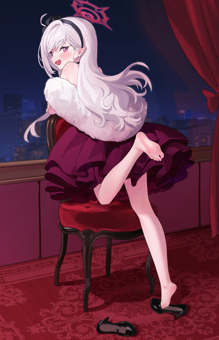 1girl absurdres ahoge bare_legs barefoot black_footwear black_hairband blue_archive blush chuck_(harfmoondark) commentary_request dress earrings fishnets fur_shawl grey_hair hairband halo highres indoors jewelry leaning_on_object looking_at_viewer looking_back mutsuki_(blue_archive) mutsuki_(dress)_(blue_archive) night official_alternate_costume pointy_ears red_dress shawl soles solo toes