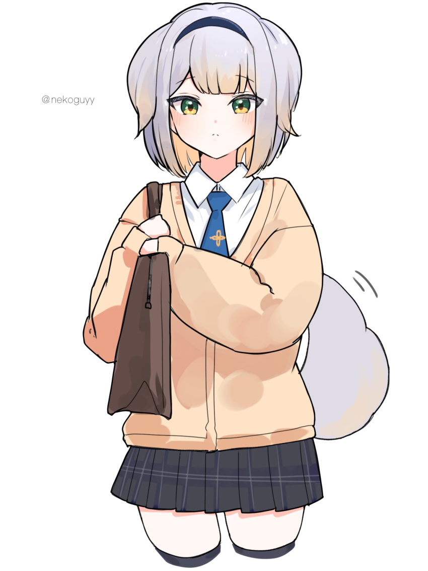 1girl animal_ears bag black_skirt black_thighhighs blue_hairband blue_necktie blush cardigan closed_mouth collared_shirt cropped_legs dog_ears dog_girl dog_tail floppy_ears frown gradient_hair green_eyes grey_hair hairband highres legs_apart long_bangs long_sleeves looking_at_viewer medium_hair miniskirt multicolored_hair necktie neko_kai-san nijisanji orange_cardigan orange_hair plaid plaid_skirt pleated_skirt school_bag shioriha_ruri shirt simple_background skindentation skirt solo straight-on tail thighhighs thighs twitter_username two-tone_hair virtual_youtuber white_background white_shirt zettai_ryouiki