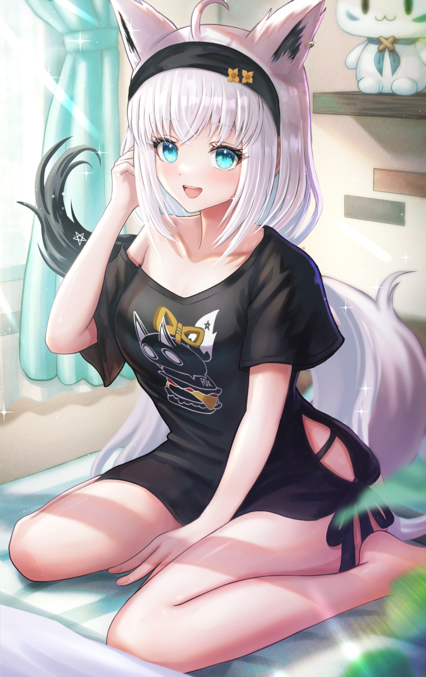 1girl absurdres adjusting_hair ahoge animal_ear_fluff animal_ears bare_legs black_hairband black_panties black_shirt blush braid commentary_request earrings extra_ears fox_ears fox_girl fox_tail green_eyes hair_between_eyes hairband highres hololive indoors jewelry long_hair looking_at_viewer on_bed open_mouth panties pentagram shirakami_fubuki shirakami_fubuki_(7th_costume) shirt sidelocks sitting solo tail underwear virtual_youtuber wajuniorbox wariza white_hair