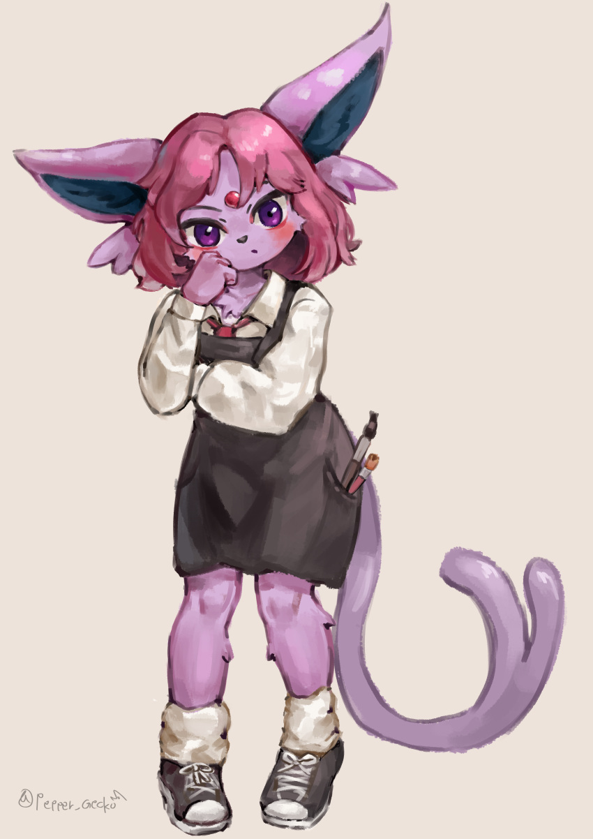 3_fingers absurd_res anthro anthrofied apron artist_name big_ears big_eyes biped blush brush cheek_tuft clothing collarbone dress_shirt ear_tuft eeveelution espeon facial_tuft female fingers footwear forehead_gem forked_tail fur gem generation_2_pokemon hair hand_on_face hi_res kemono looking_at_viewer loose_socks necktie nintendo paintbrush peppergecko72 pink_hair pokemon pokemon_(species) purple_body purple_eyes purple_fur school_uniform shirt shoes short_hair signature simple_background sneakers solo standing tail topwear tuft twitter_handle uniform unusual_anatomy unusual_tail