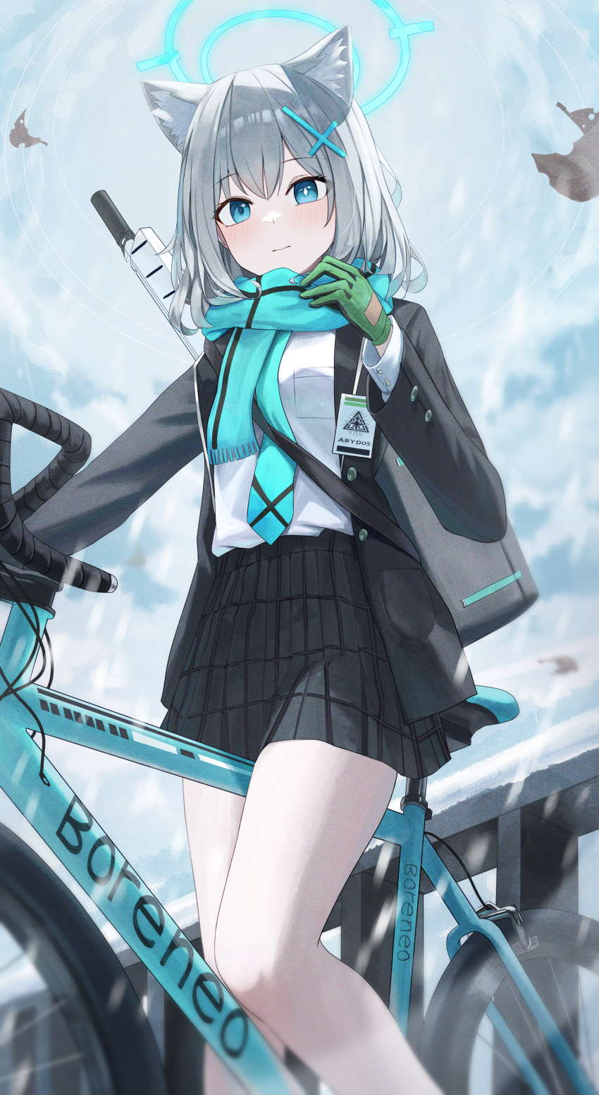 1girl absurdres animal_ears aqua_necktie aqua_scarf arch_a4 blue_archive blue_eyes blue_halo blush closed_mouth grey_hair halo highres looking_at_viewer mismatched_pupils necktie scarf shiroko_(blue_archive) shirt short_hair solo white_shirt wolf_ears wolf_girl