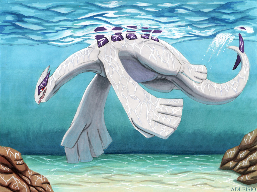 adleisio ambiguous_gender caustics feral generation_2_pokemon hi_res legendary_pokemon light lighting lugia nintendo pokemon pokemon_(species) reflections rock simple_background solo swimming underwater water